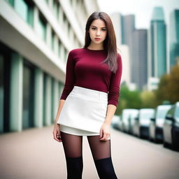 A beautiful girl wearing a white skirt and black tights, standing confidently