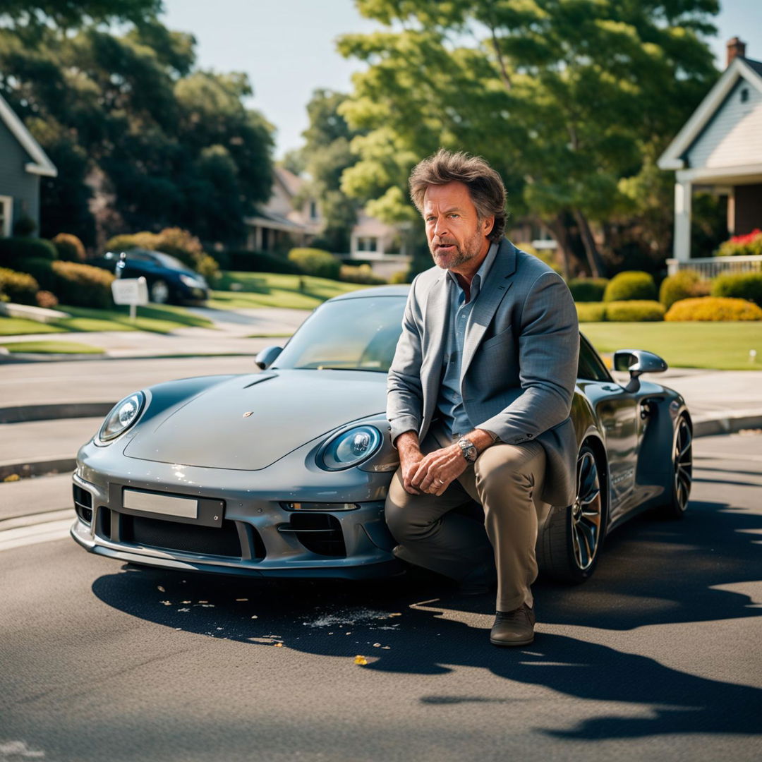 Joe Rogan stalling his Porsche 911 Turbo in a suburban neighborhood, with a frustrated expression and a humorous atmosphere.