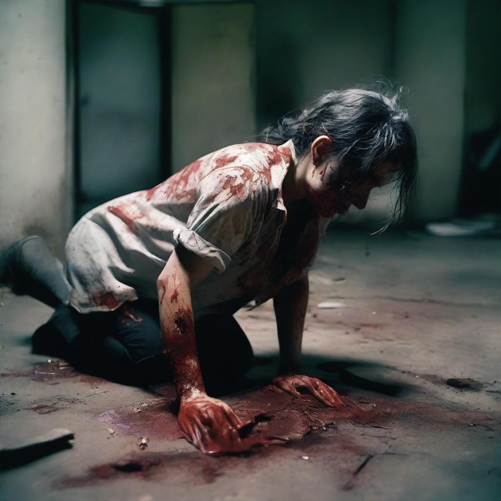 A bloodied woman crawling on the ground with a torn shirt, depicting a scene of struggle and desperation