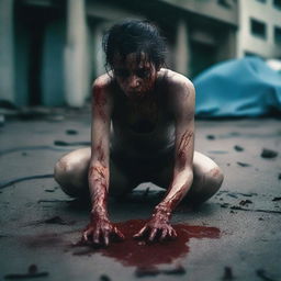 A bloodied woman crawling on the ground with a torn shirt, depicting a scene of struggle and desperation