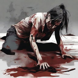 A bloodied woman crawling on the ground with a torn shirt, depicting a scene of struggle and desperation