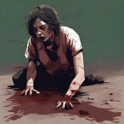 A bloodied woman crawling on the ground with a torn shirt, depicting a scene of struggle and desperation