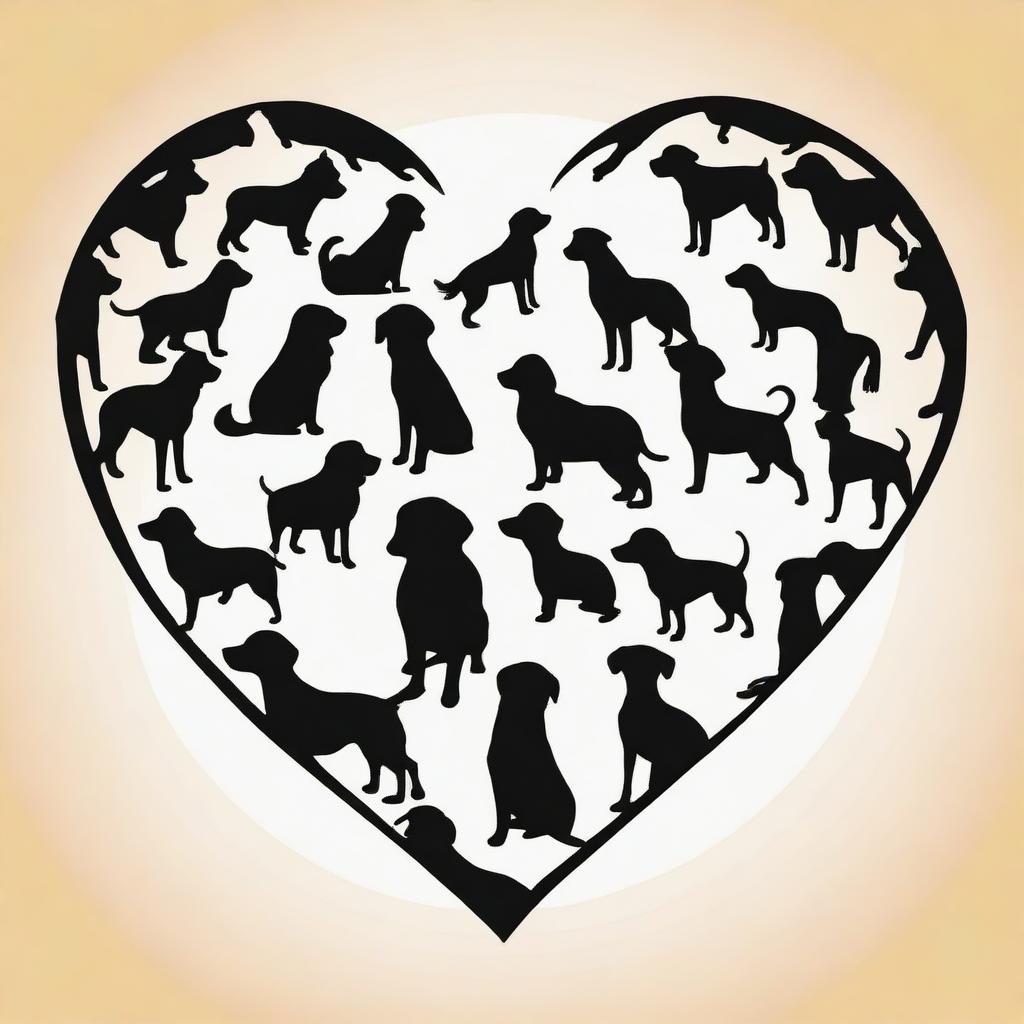 Create an outline of a heart filled with the silhouettes of many dogs