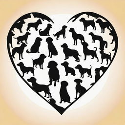 Create an outline of a heart filled with the silhouettes of many dogs