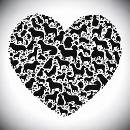 Create an outline of a heart filled with the silhouettes of many dogs