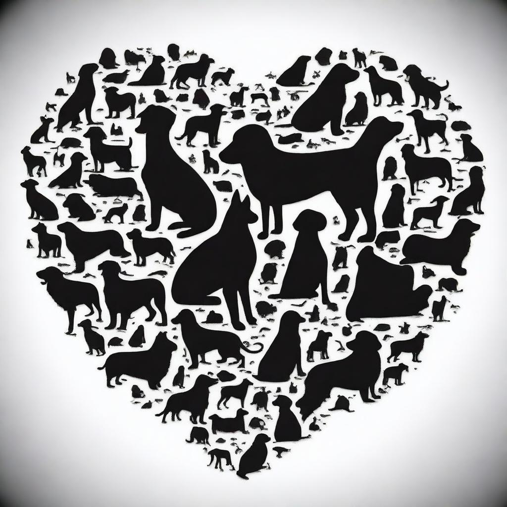 Create an outline of a heart filled with the silhouettes of many dogs