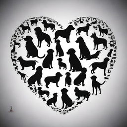 Create an outline of a heart filled with the silhouettes of many dogs