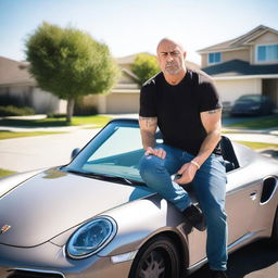 Create an image of Joe Rogan stalling his Porsche 911 Turbo