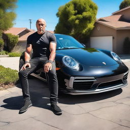 Create an image of Joe Rogan stalling his Porsche 911 Turbo