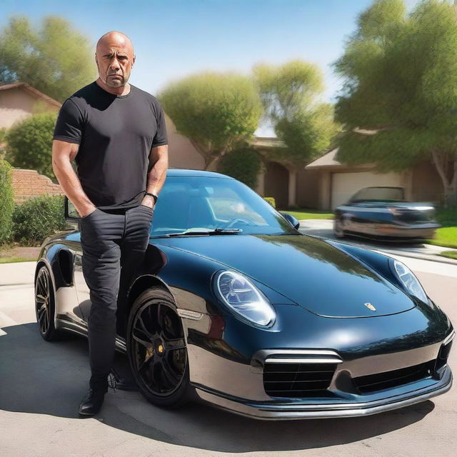 Create an image of Joe Rogan stalling his Porsche 911 Turbo