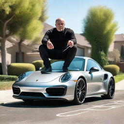 Create an image of Joe Rogan stalling his Porsche 911 Turbo