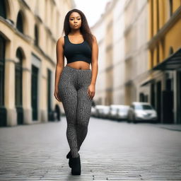 A young woman with a curvy figure, wearing stylish leggings, posing confidently