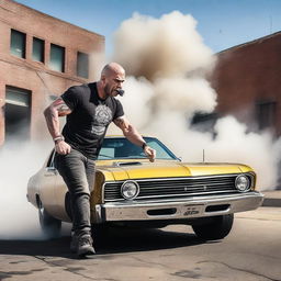 Create an image of Joe Rogan depicted as a bogan, performing a burnout in a Ford Falcon