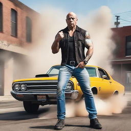 Create an image of Joe Rogan depicted as a bogan, performing a burnout in a Ford Falcon