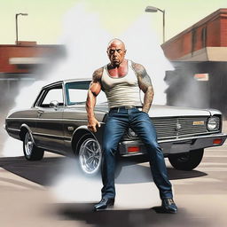 Create an image of Joe Rogan depicted as a bogan, performing a burnout in a Ford Falcon