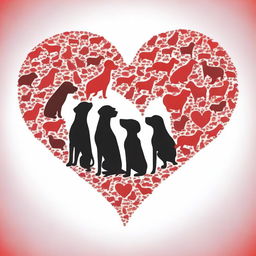 Create an outline of a heart filled with the silhouettes of many dogs