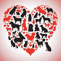 Create an outline of a heart filled with the silhouettes of many dogs
