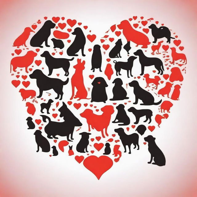 Create an outline of a heart filled with the silhouettes of many dogs