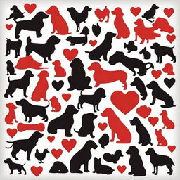 Create an outline of a heart filled with the silhouettes of many dogs