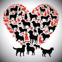 Create an outline of a heart filled with the silhouettes of many dogs