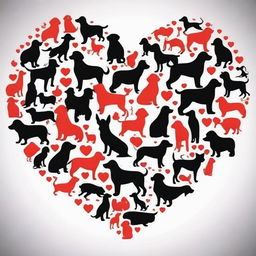 Create an outline of a heart filled with the silhouettes of many dogs