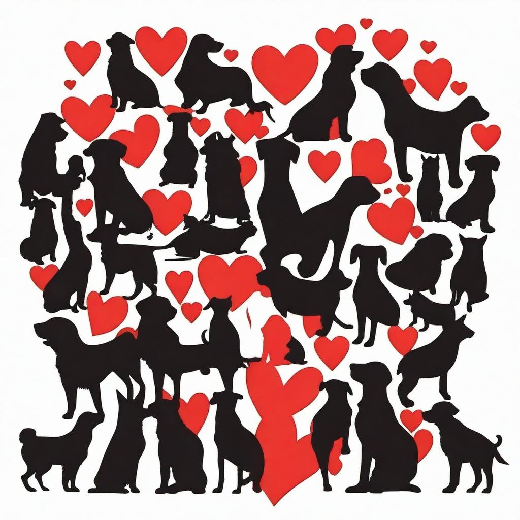 Create an outline of a heart filled with the silhouettes of many dogs