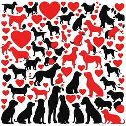 Create an outline of a heart filled with the silhouettes of many dogs