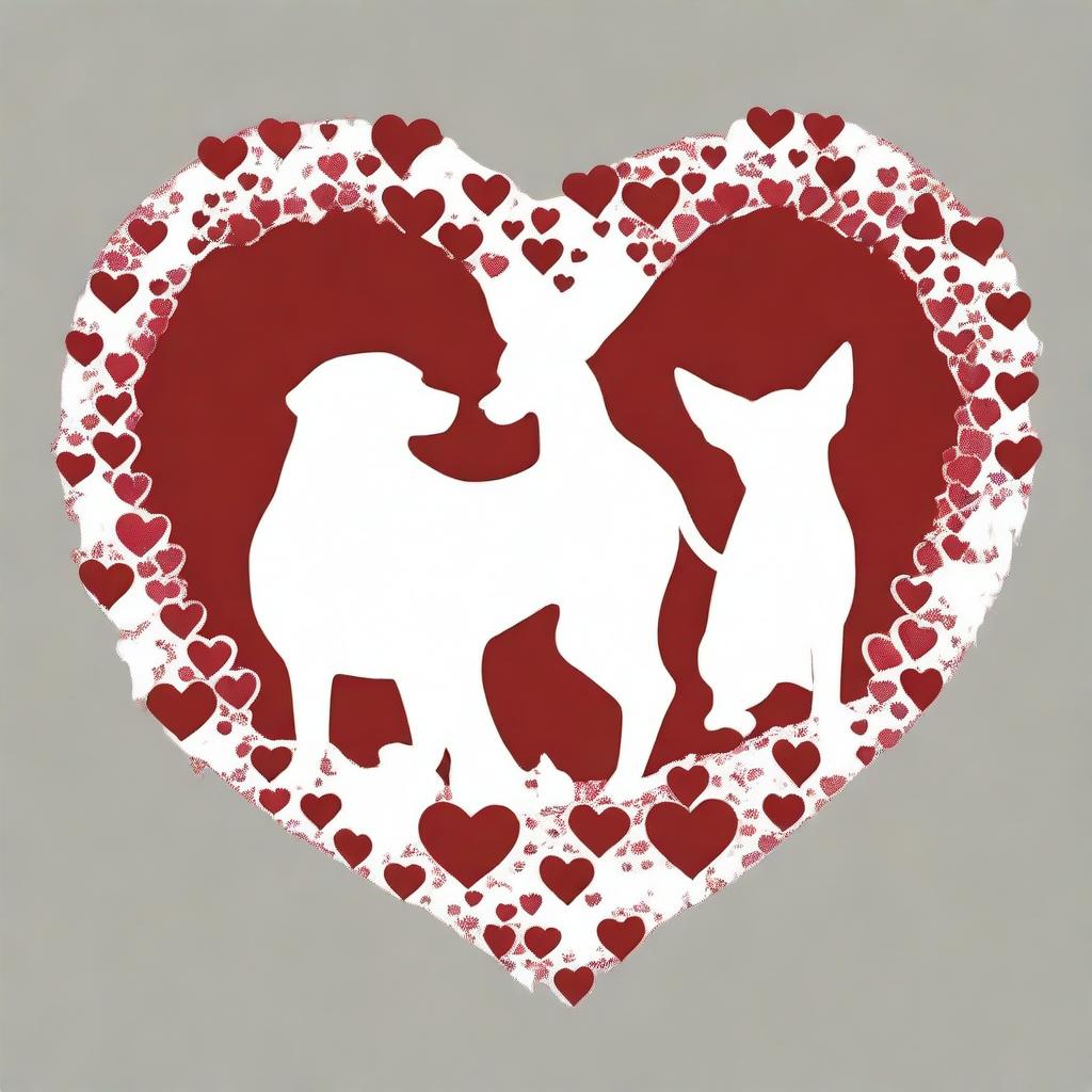 Create an outline of a heart filled with the silhouettes of many dogs