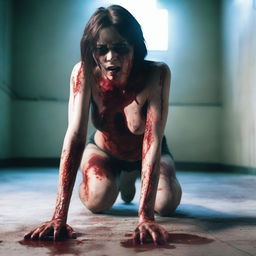 A photo-realistic image of an attractive female in revealing clothes, bloodied and crawling on the floor