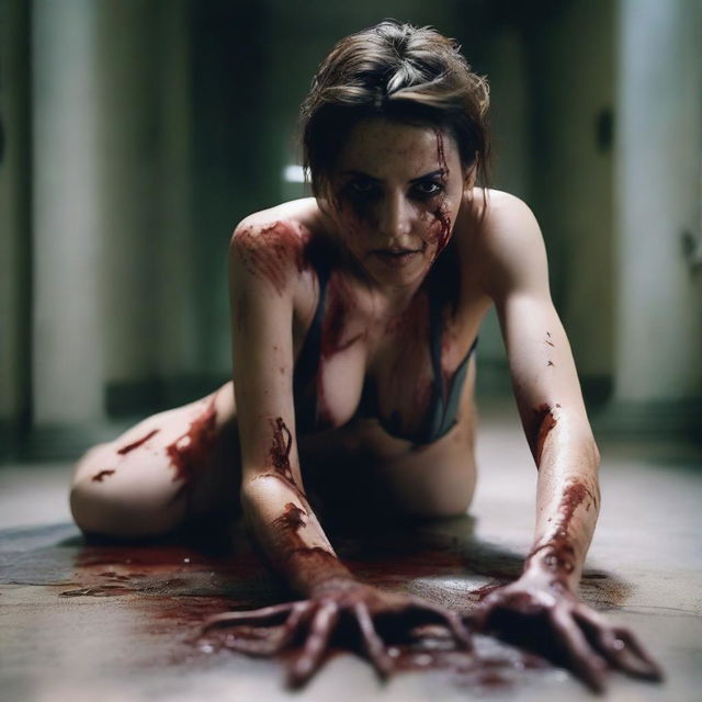 A photo-realistic image of an attractive female in revealing clothes, bloodied and crawling on the floor