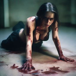 A photo-realistic image of an attractive female in revealing clothes, bloodied and crawling on the floor