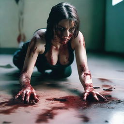 A photo-realistic image of an attractive female in revealing clothes, bloodied and crawling on the floor