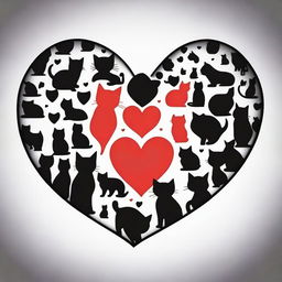 Create an outline of a heart filled with the silhouettes of many cats