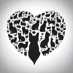 Create an outline of a heart filled with the silhouettes of many cats