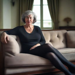 An ultra-realistic landscape photo of a 50-year-old woman with large breasts, wearing black tights and a skirt, lying on a couch