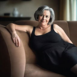 An ultra-realistic landscape photo of a 50-year-old woman with large breasts, wearing black tights and a skirt, lying on a couch