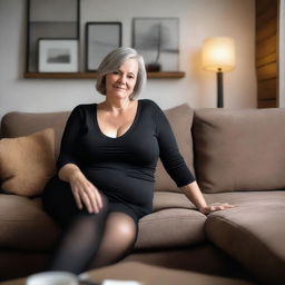 An ultra realistic landscape photo of a thin 50-year-old woman with very large breasts, wearing black tights, lying on a couch