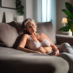 An ultra realistic landscape photo of a thin 50-year-old woman with very large breasts, wearing wet leggings, lying on a couch