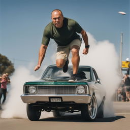 Advertisement featuring Joe Rogan in an Australian 'bogan' style, doing a 'phat burnout' in a Ford Falcon on a suburban street with cheering onlookers