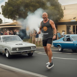 Advertisement featuring Joe Rogan in an Australian 'bogan' style, doing a 'phat burnout' in a Ford Falcon on a suburban street with cheering onlookers