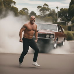 Advertisement featuring Joe Rogan in an Australian 'bogan' style, doing a 'phat burnout' in a Ford Falcon on a suburban street with cheering onlookers