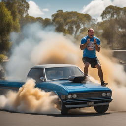 Advertisement featuring Joe Rogan in an Australian 'bogan' style, doing a 'phat burnout' in a Ford Falcon on a suburban street with cheering onlookers