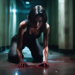 A photo-realistic image of an attractive woman in sheer clothes, bloodied and crawling on the floor