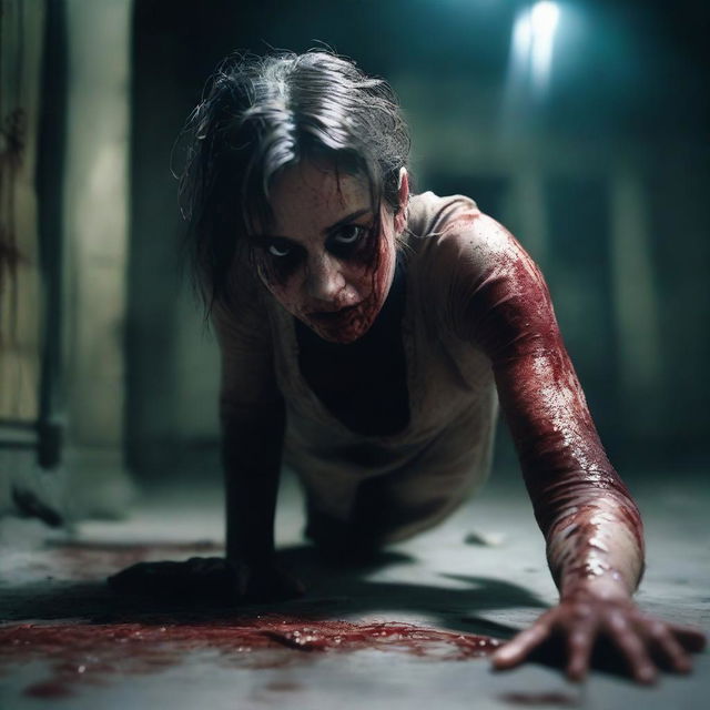 A photo-realistic image of an attractive woman in sheer clothes, bloodied and crawling on the floor