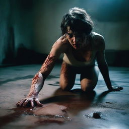 A photo-realistic image of an attractive woman in sheer clothes, bloodied and crawling on the floor