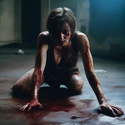 A photo-realistic image of an attractive woman in sheer clothes, bloodied and crawling on the floor