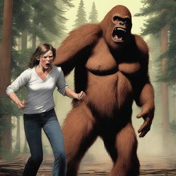 A highly detailed and realistic depiction of a woman having her shirt ripped open by a bigfoot