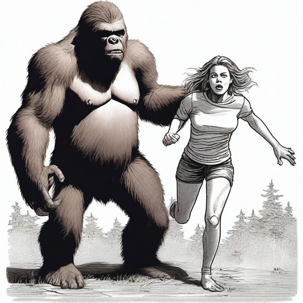 A highly detailed and realistic depiction of a woman having her shirt ripped open by a bigfoot