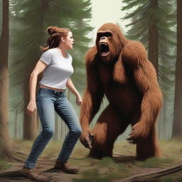 A highly detailed and realistic depiction of a woman having her shirt ripped open by a bigfoot