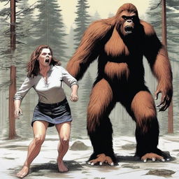 A highly detailed and realistic depiction of a woman having her shirt ripped open by a bigfoot